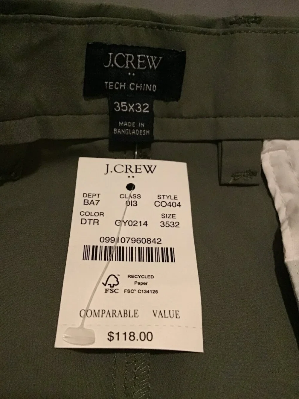 J.Crew Tech Chino Pants Men's 35x32 Olive Green Performance Stretch NWT